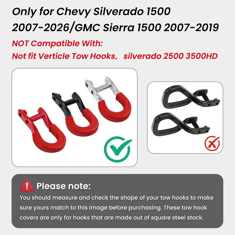 TECHPICCO Long Tow Hook Covers for Silverado 1500 2007-2026/GMC Sierra 1500 2007-2019, Front Tow Hooks Covers Compatible with Chevrolet Silverado 1500 Accessories Red (Not fit Verticle Tow Hooks) - Image 3